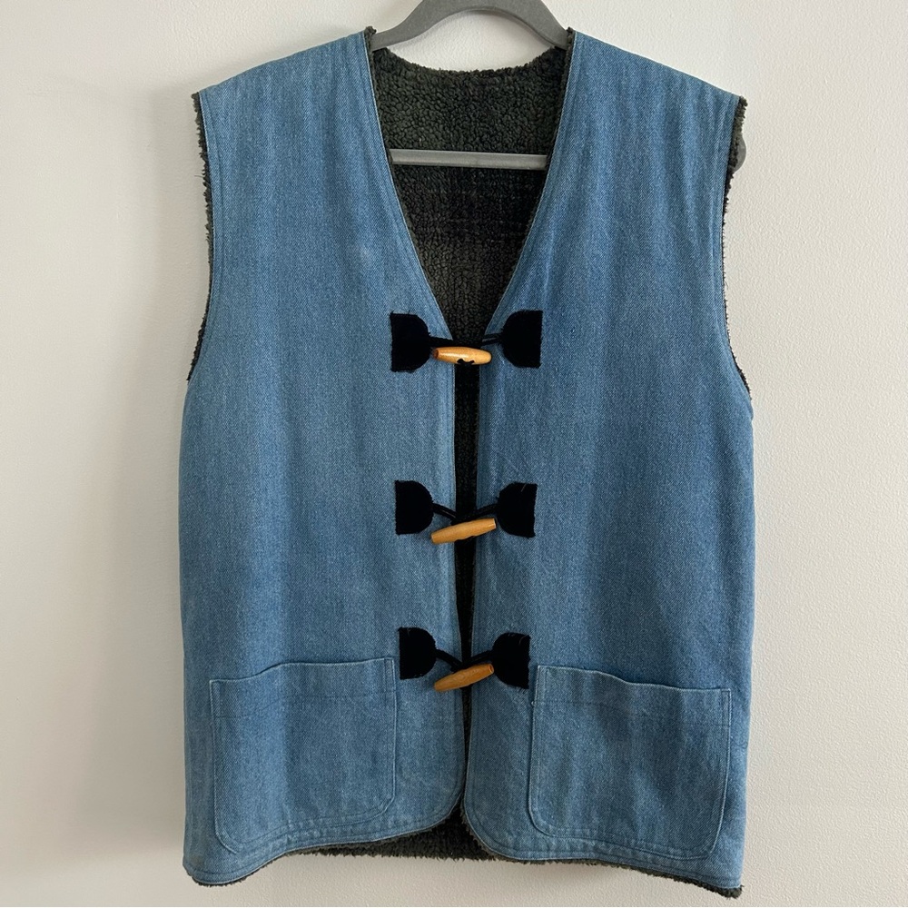 Blue Sleeveless Denim Vest with Toggle Closures